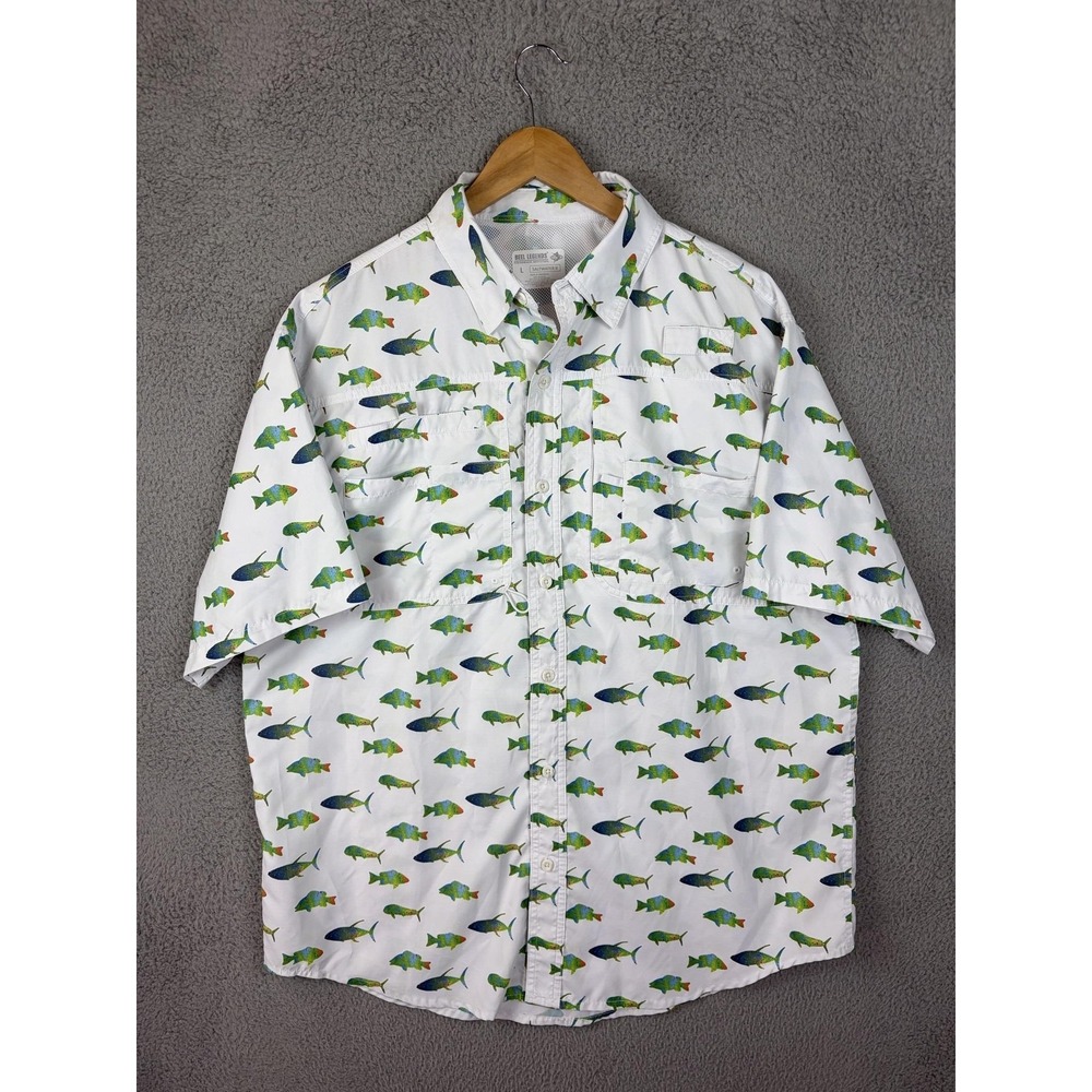 Reel Legends Saltwater II Shirt Mens Large White Fish Print Performance Fishing